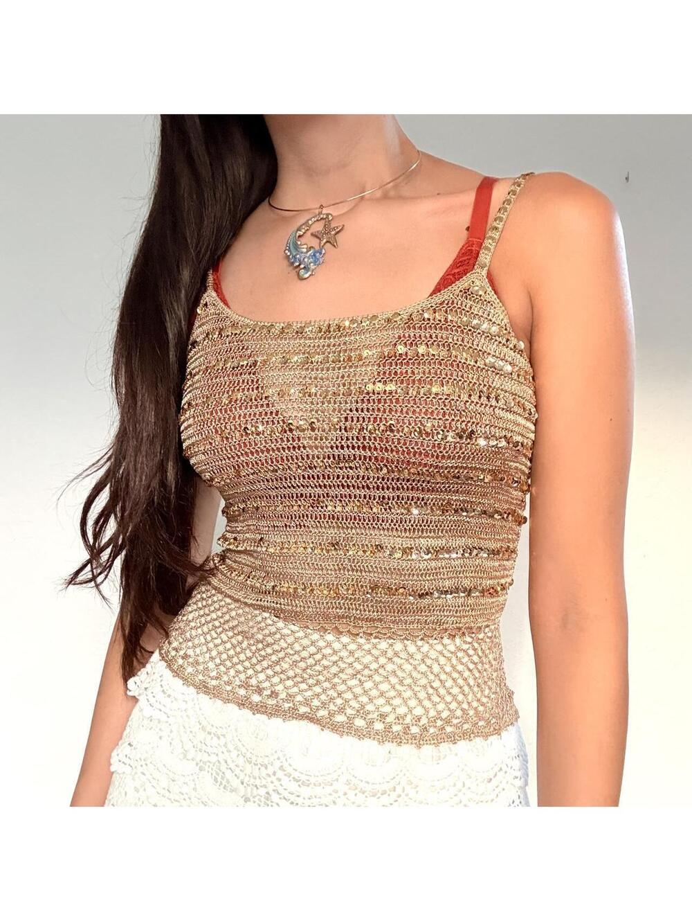 Y2K Express gold sequin crochet tank top